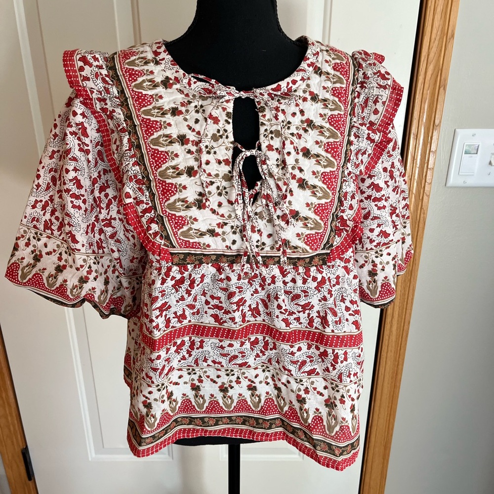 New women’s Calypso St Barth cotton quilt milkmaid boho flowy ruffle top. Large